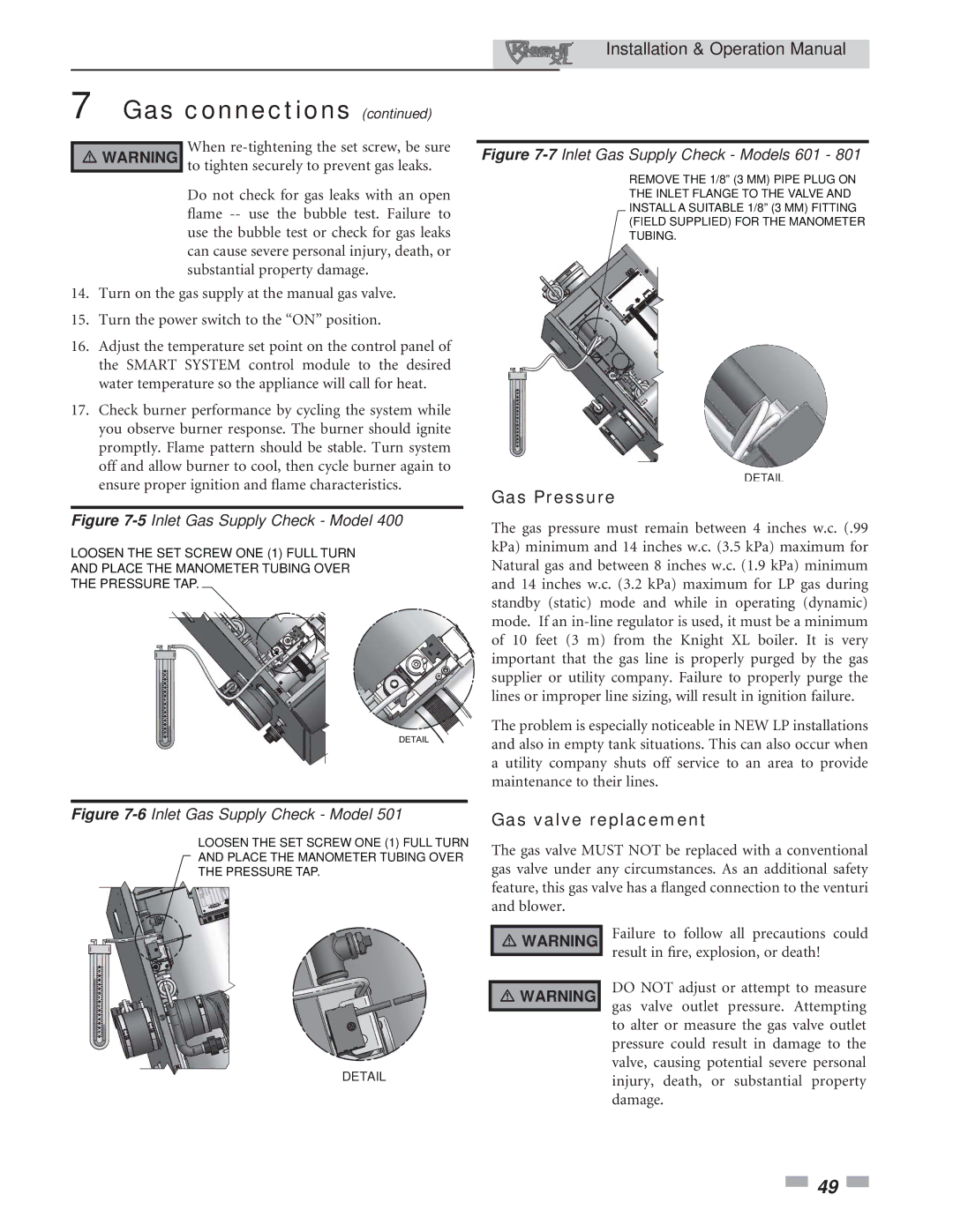 Lochinvar 400, 801 operation manual Gas Pressure, Gas valve replacement 