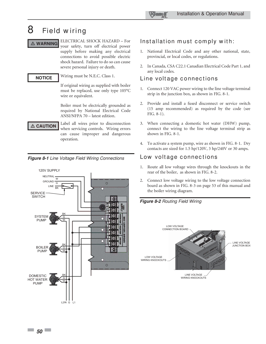 Lochinvar 801, 400 Field wiring, Installation must comply with, Line voltage connections, Low voltage connections 