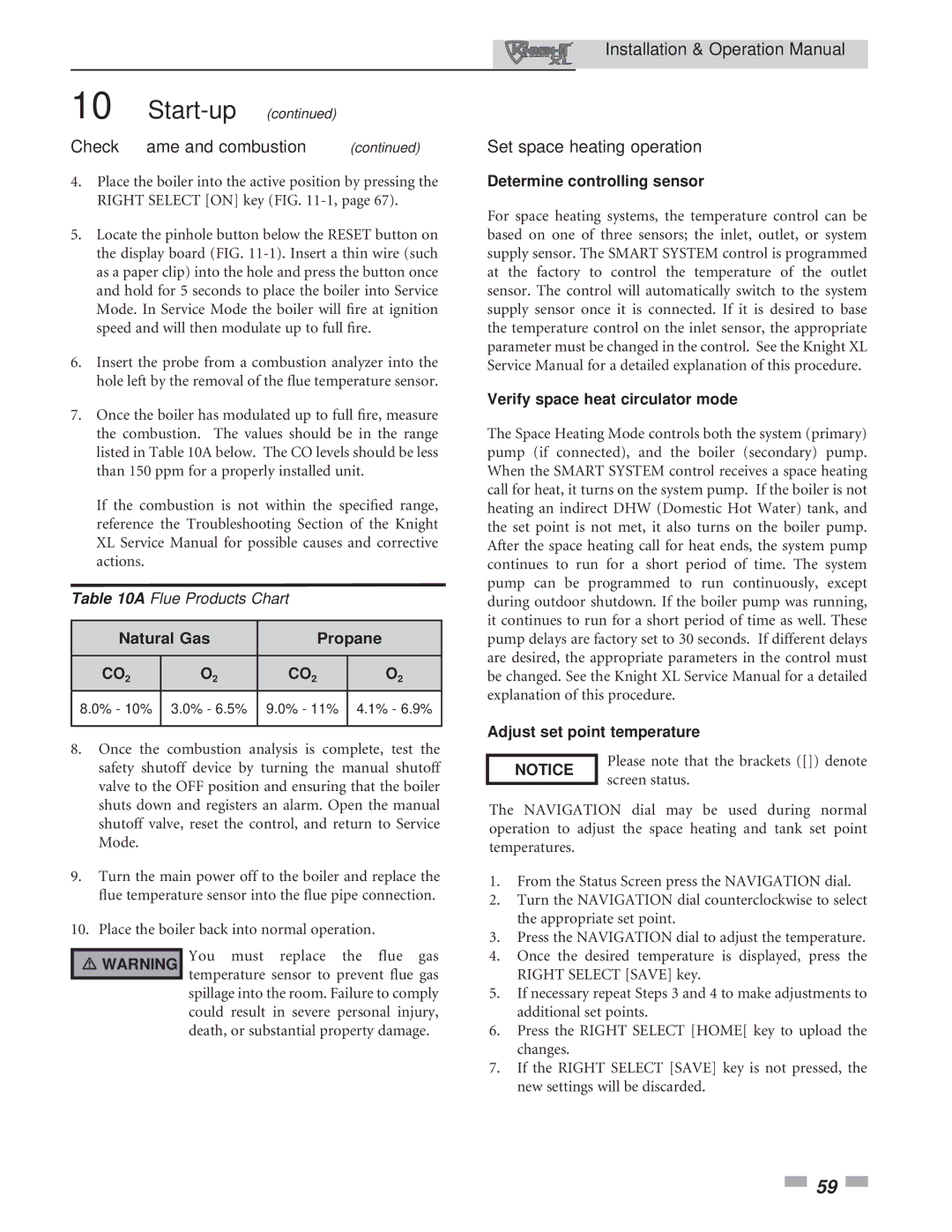 Lochinvar 400, 801 operation manual Set space heating operation, Natural Gas Propane 