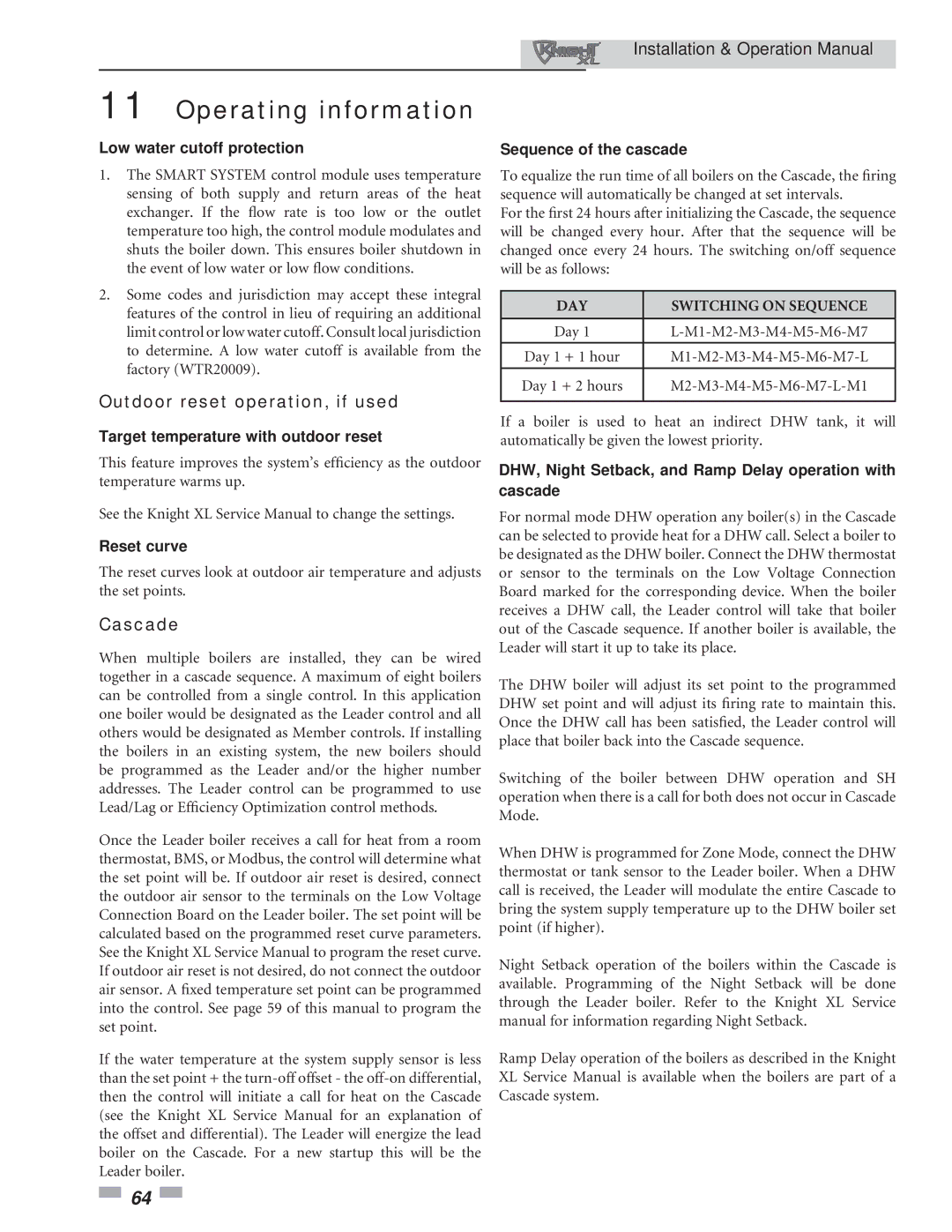 Lochinvar 801, 400 operation manual Outdoor reset operation, if used, Cascade 