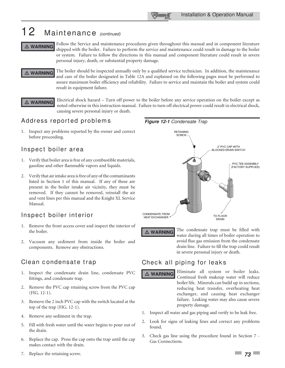 Lochinvar 400, 801 operation manual Maintenance, Address reported problems, Inspect boiler area, Inspect boiler interior 