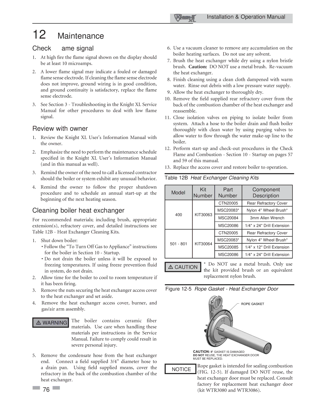 Lochinvar 801, 400 operation manual Check ﬂame signal, Review with owner, Cleaning boiler heat exchanger 