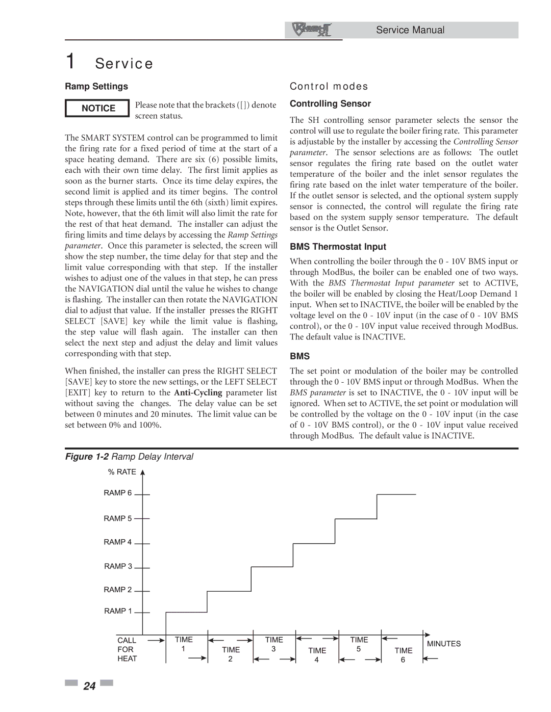 Lochinvar 801, 400 service manual Control modes, Ramp Settings, Controlling Sensor, BMS Thermostat Input 