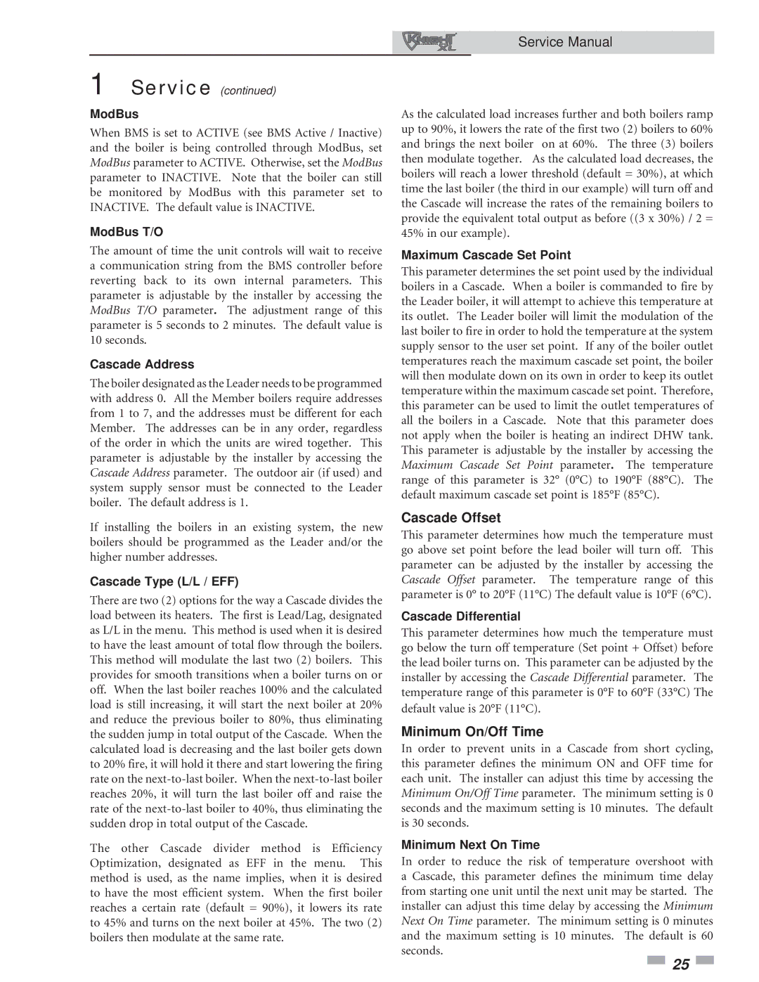 Lochinvar 400, 801 service manual Cascade Offset, Minimum On/Off Time 