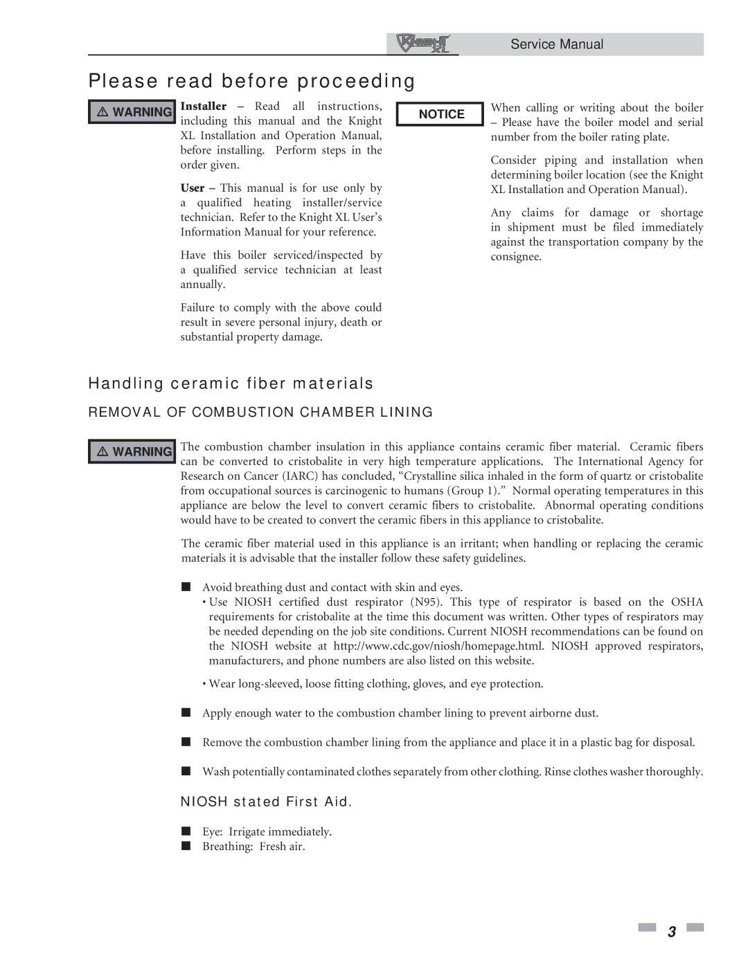 Lochinvar 400, 801 service manual Please read before proceeding, Handling ceramic fiber materials, Niosh stated First Aid 