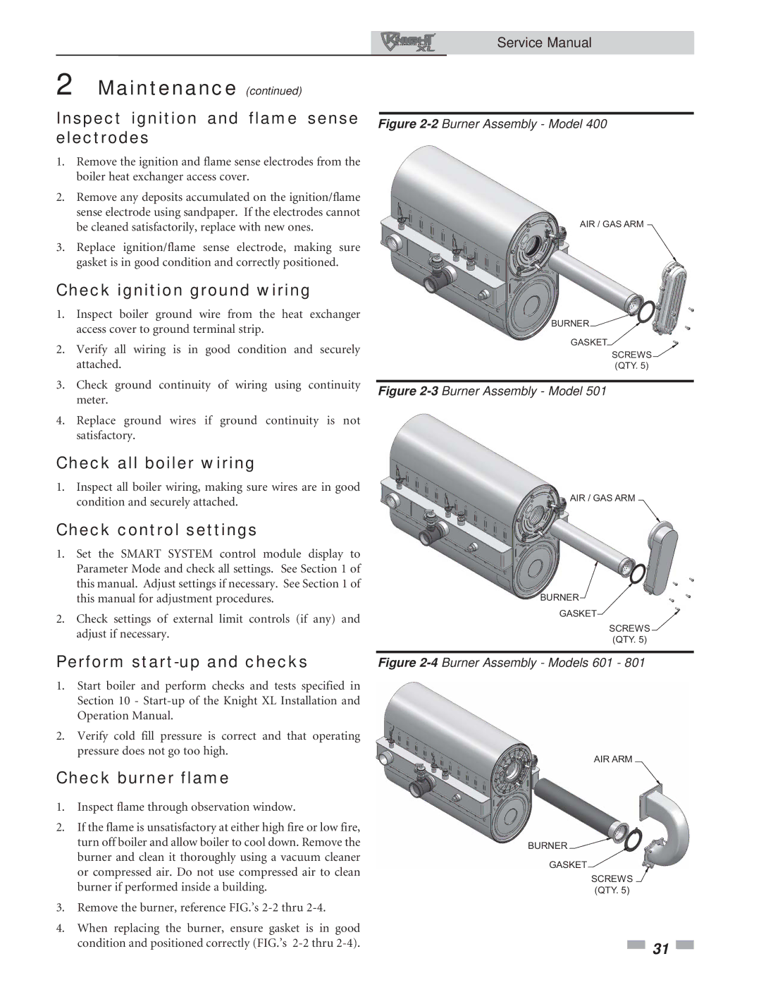 Lochinvar 400, 801 Inspect ignition and flame sense electrodes, Check ignition ground wiring, Check all boiler wiring 