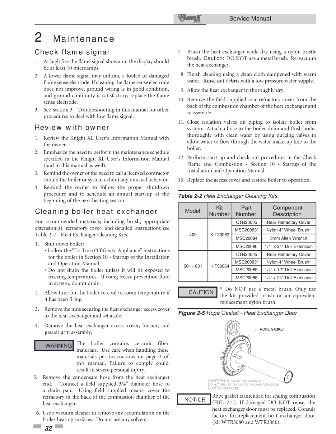 Lochinvar 801, 400 service manual Check flame signal, Review with owner, Cleaning boiler heat exchanger 