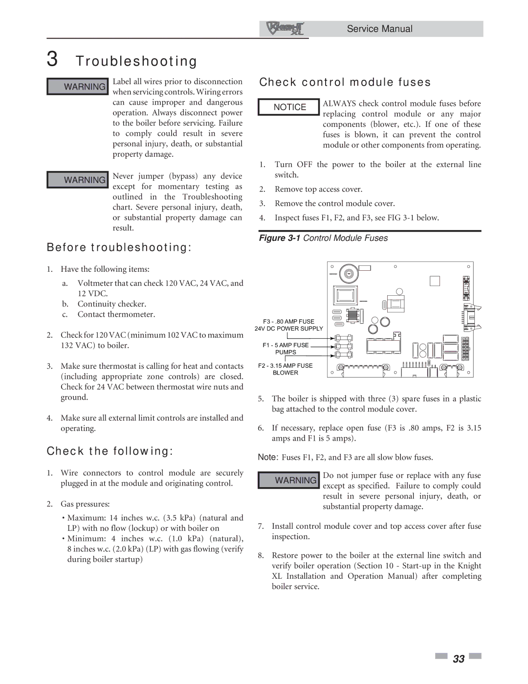 Lochinvar 400, 801 service manual Troubleshooting, Check control module fuses, Before troubleshooting, Check the following 