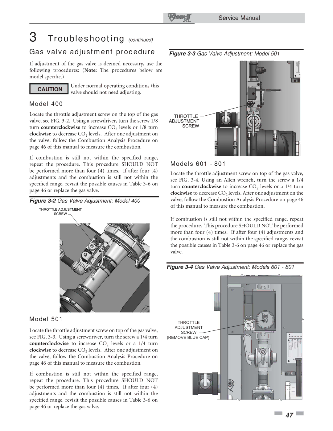 Lochinvar 400, 801 service manual Gas valve adjustment procedure, Models 601 