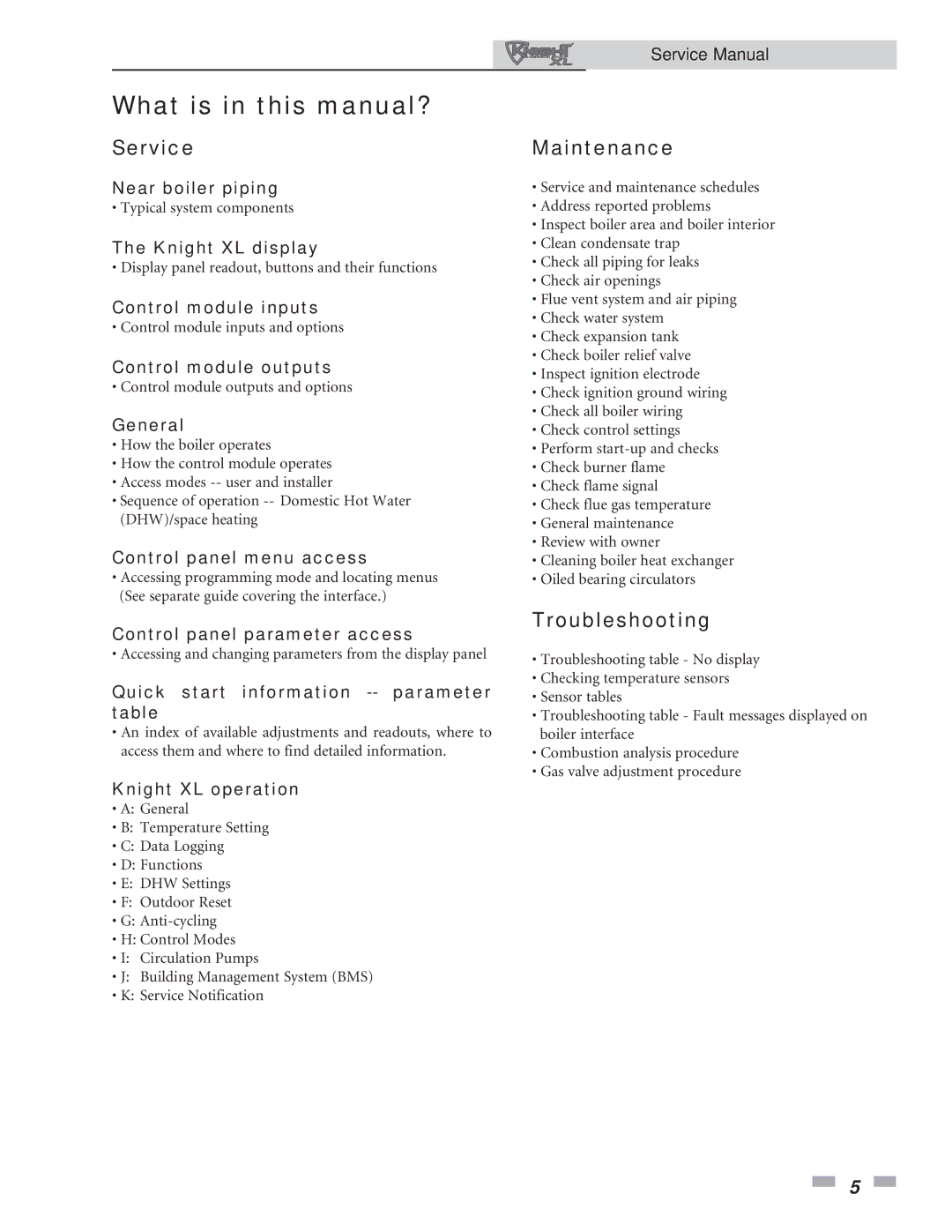 Lochinvar 400, 801 service manual What is in this manual?, Service, Maintenance, Troubleshooting 