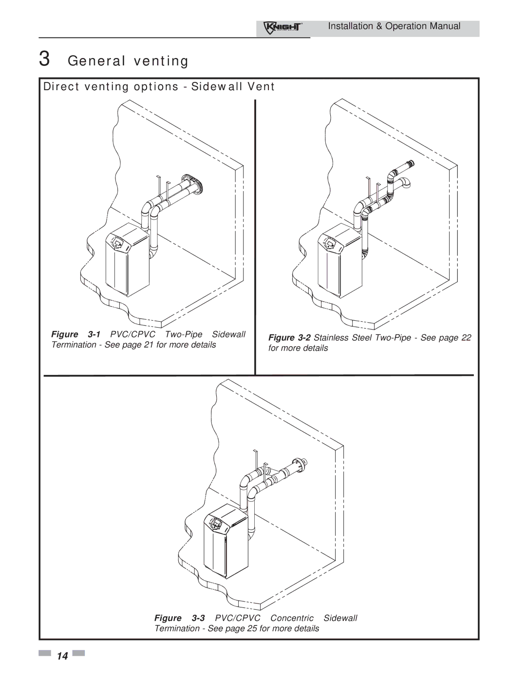 Lochinvar 81 - 286 operation manual General venting, Direct venting options Sidewall Vent 