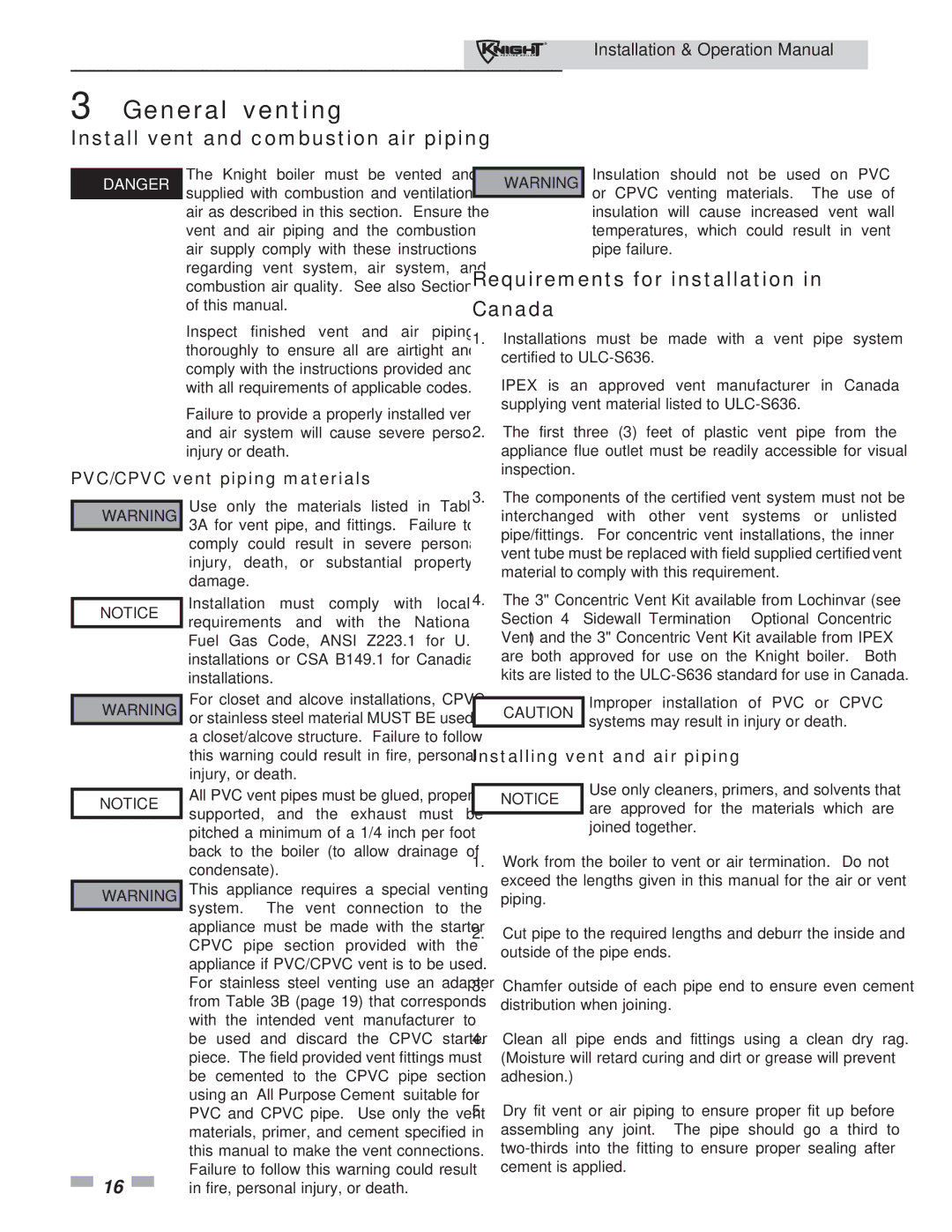 Lochinvar 81 - 286 operation manual Install vent and combustion air piping, Requirements for installation in Canada 