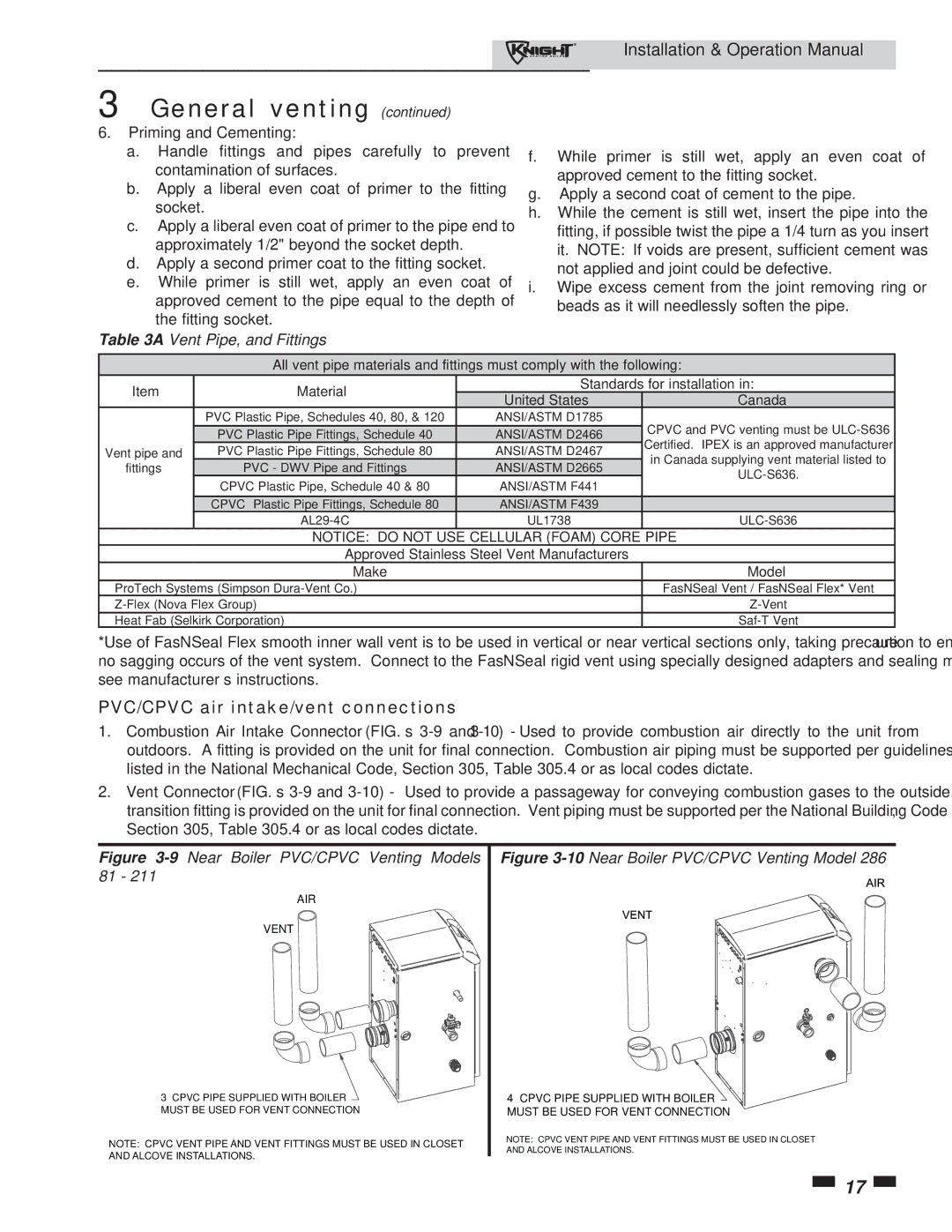 Lochinvar 81 - 286 operation manual PVC/CPVC air intake/vent connections, Vent Pipe, and Fittings 