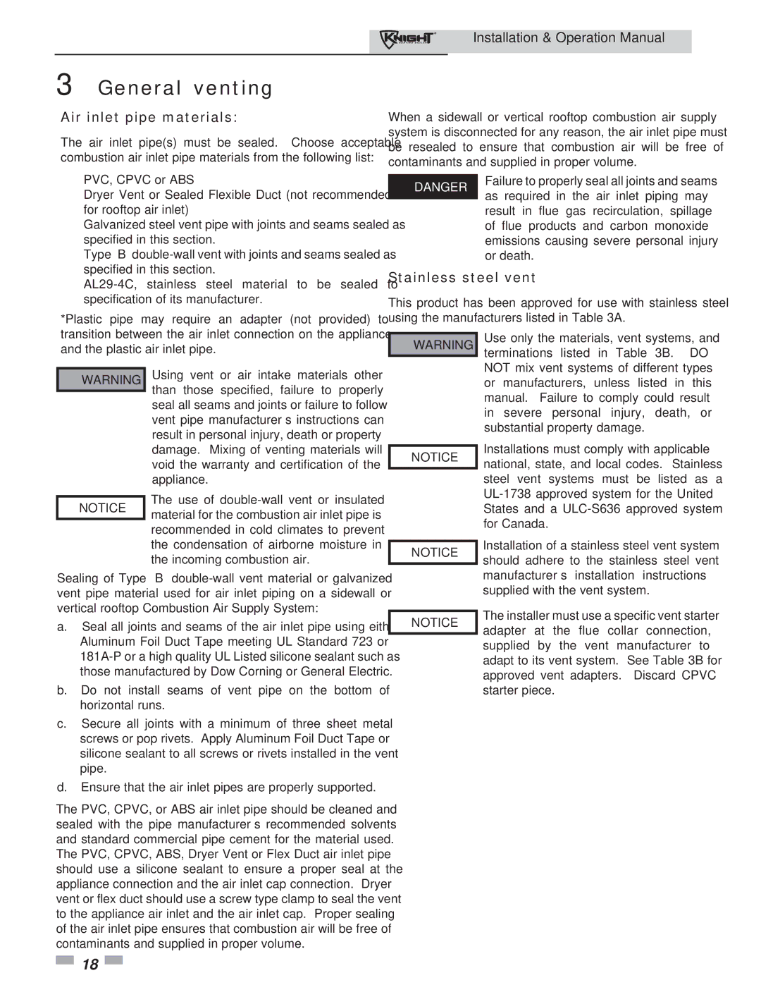 Lochinvar 81 - 286 operation manual Air inlet pipe materials, Stainless steel vent 