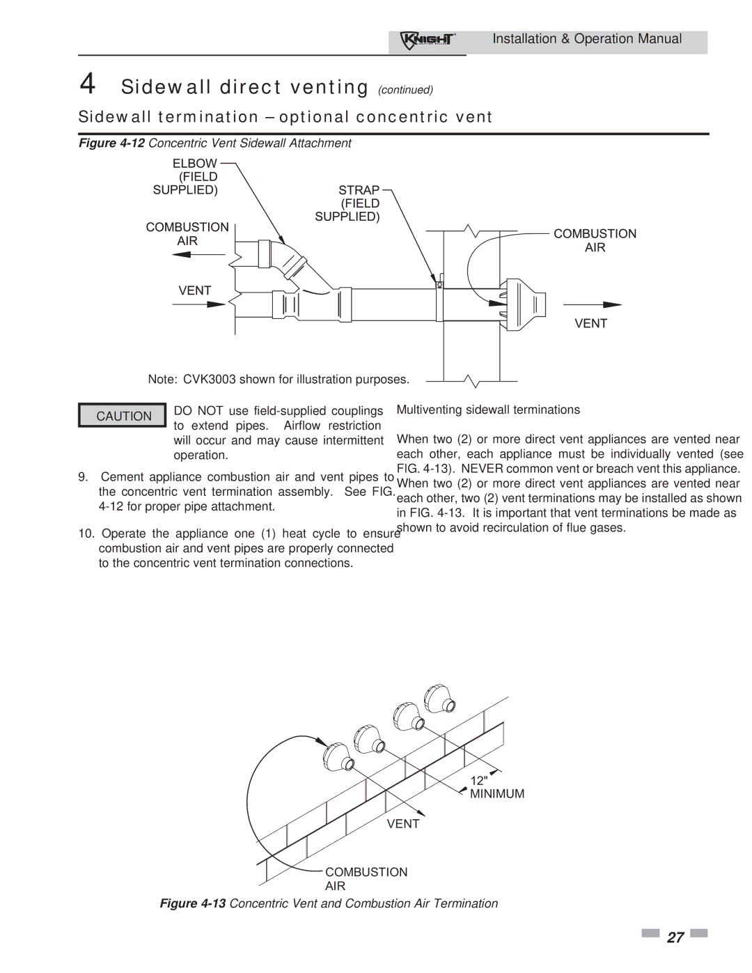 Lochinvar 81 - 286 operation manual 12Concentric Vent Sidewall Attachment, Multiventing sidewall terminations 