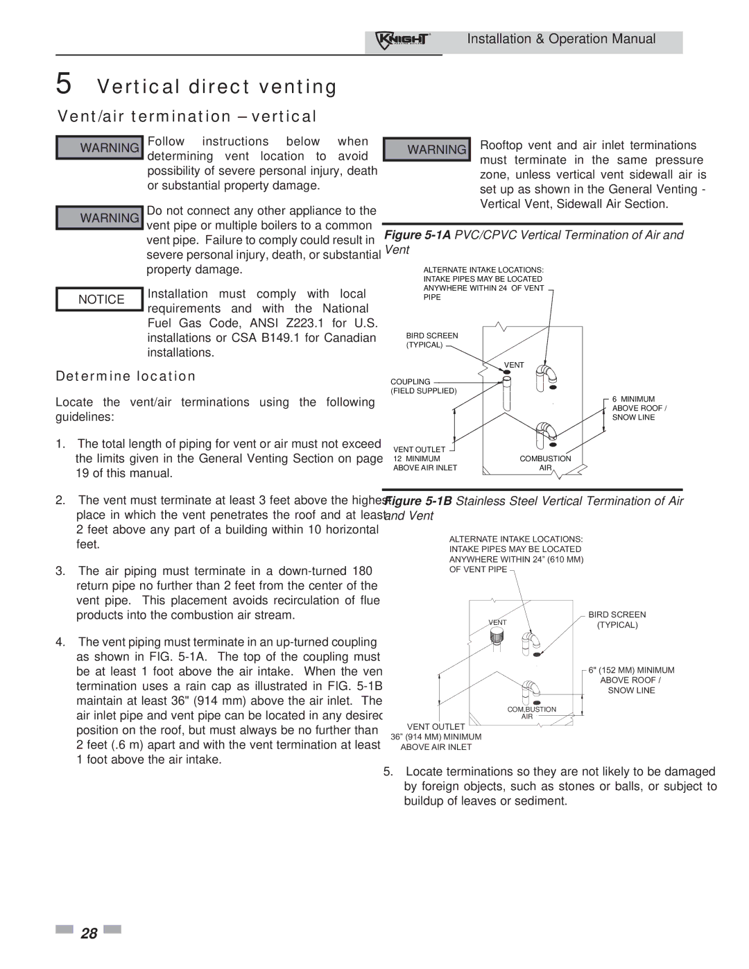 Lochinvar 81 - 286 operation manual Vertical direct venting, Vent/air termination vertical 