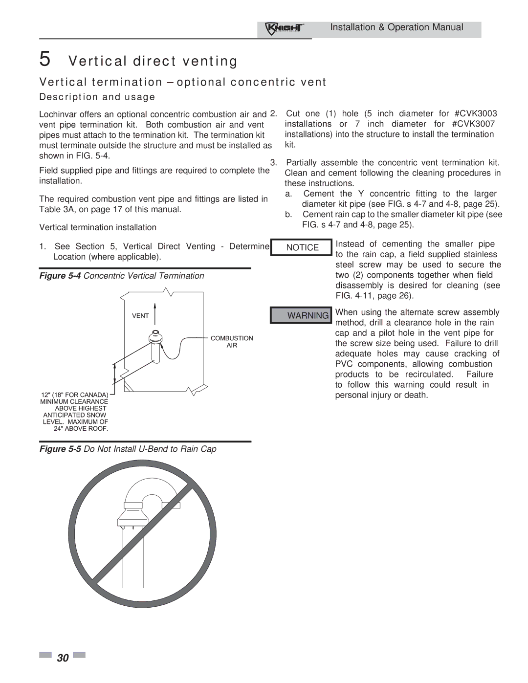 Lochinvar 81 - 286 operation manual Vertical termination optional concentric vent, Vertical termination installation 