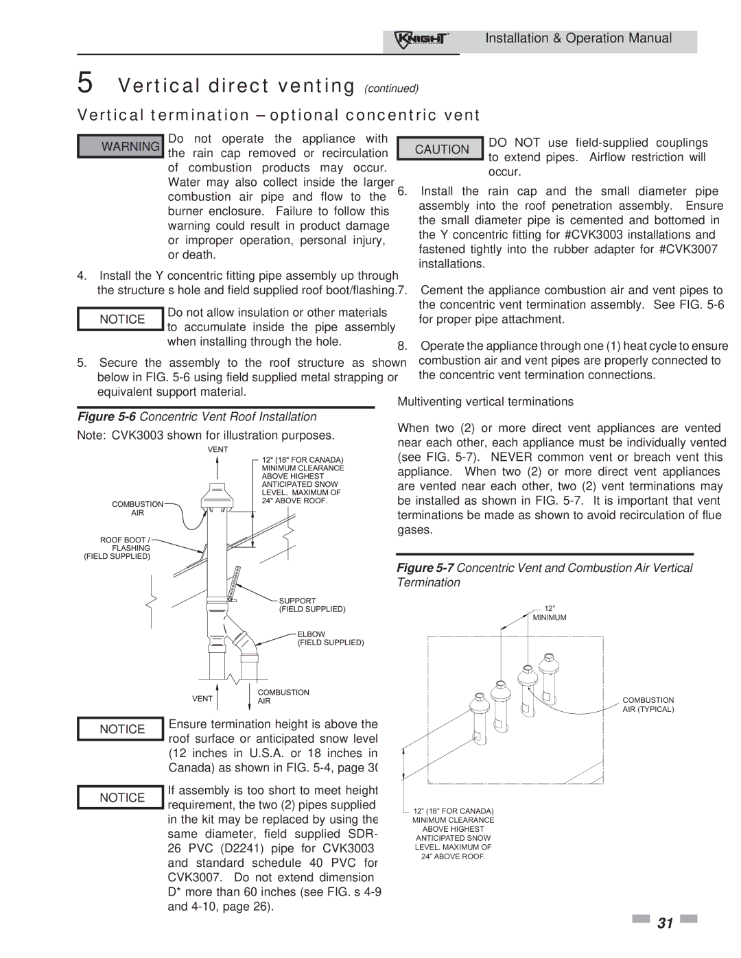 Lochinvar 81 - 286 operation manual 6Concentric Vent Roof Installation, Multiventing vertical terminations 