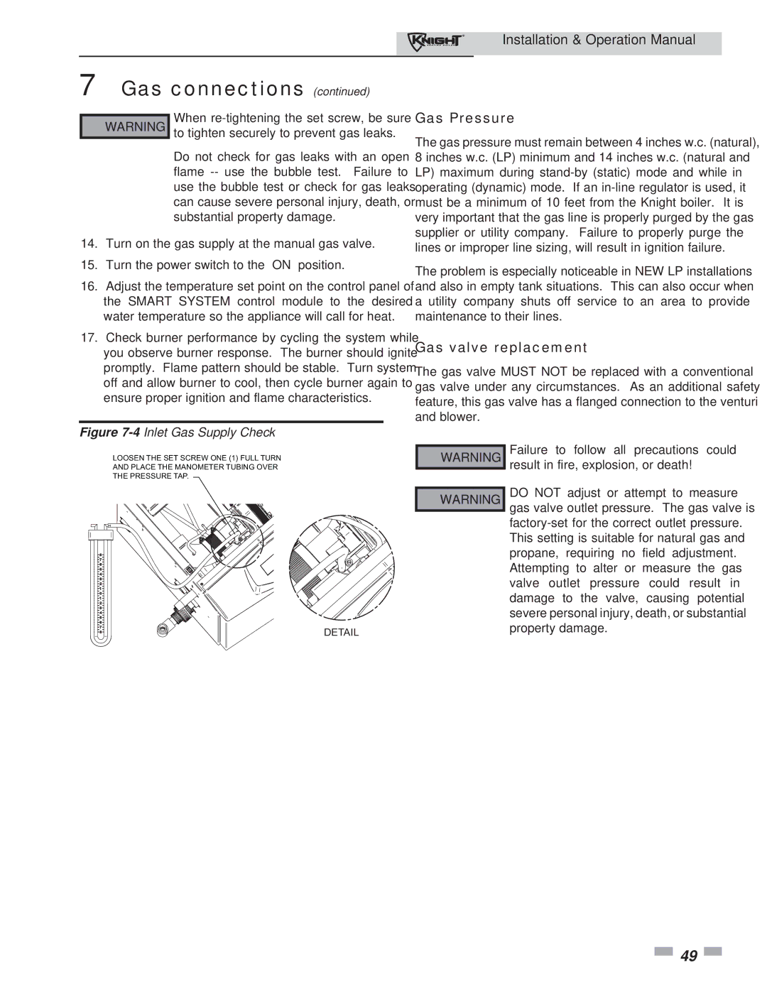 Lochinvar 81 - 286 operation manual Gas Pressure, Gas valve replacement 