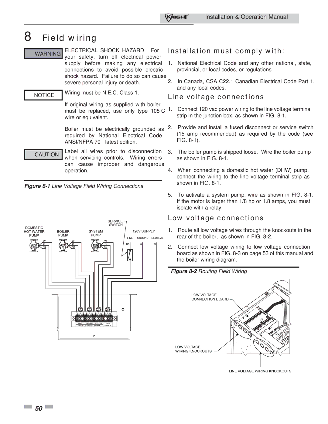 Lochinvar 81 - 286 Field wiring, Installation must comply with, Line voltage connections, Low voltage connections 