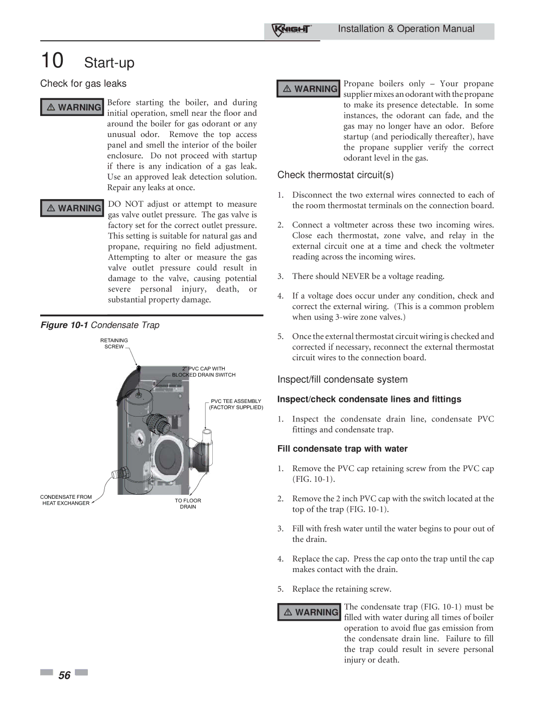 Lochinvar 81 - 286 operation manual Check for gas leaks, Check thermostat circuits, Inspect/fill condensate system 