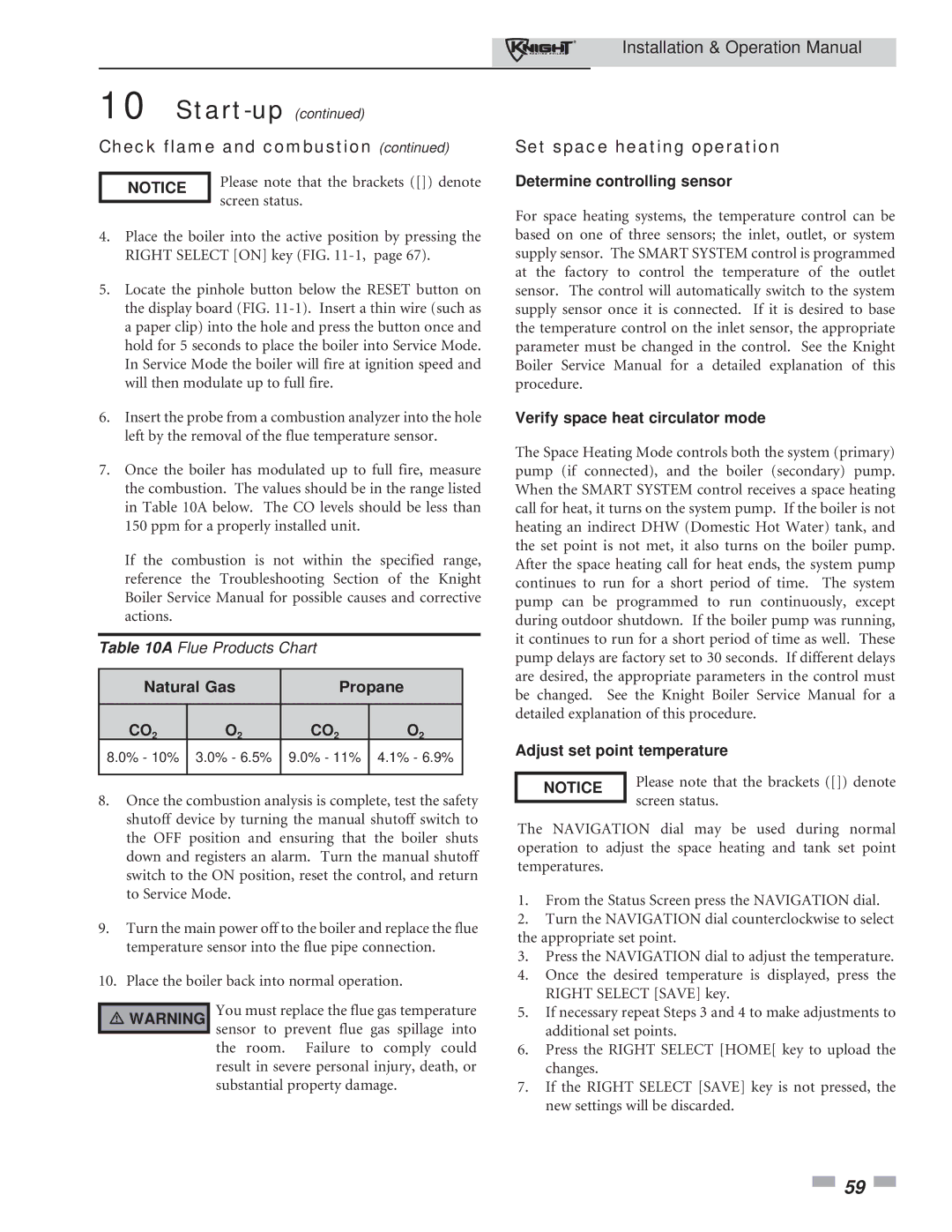 Lochinvar 81 - 286 operation manual Set space heating operation, Natural Gas Propane 