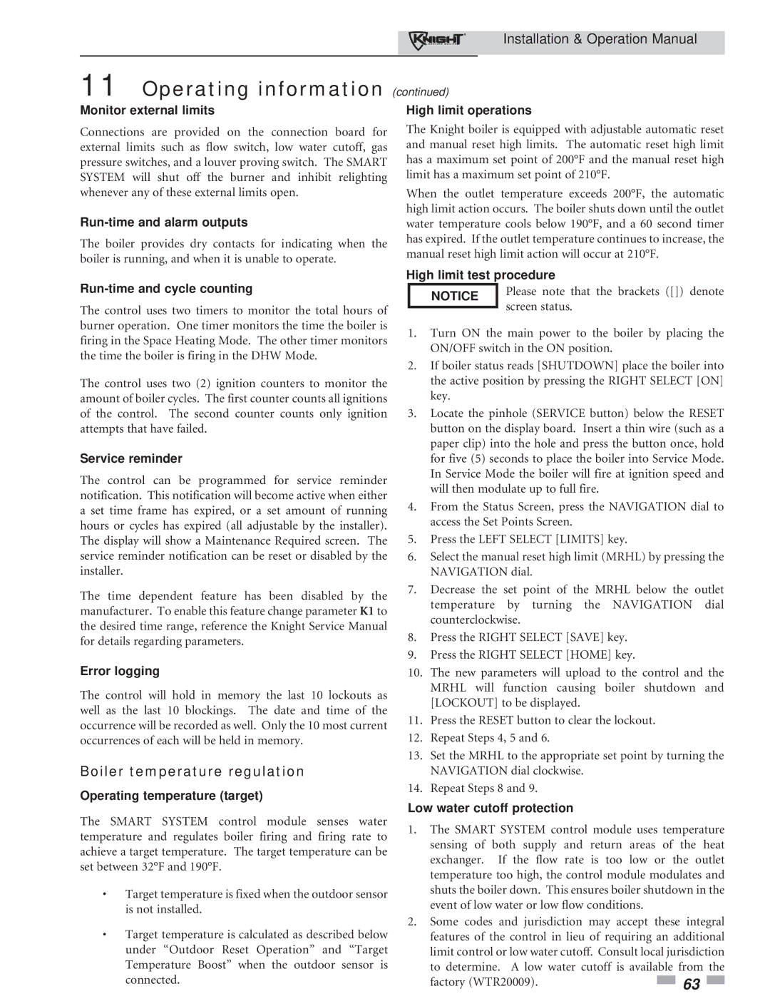 Lochinvar 81 - 286 operation manual Boiler temperature regulation 