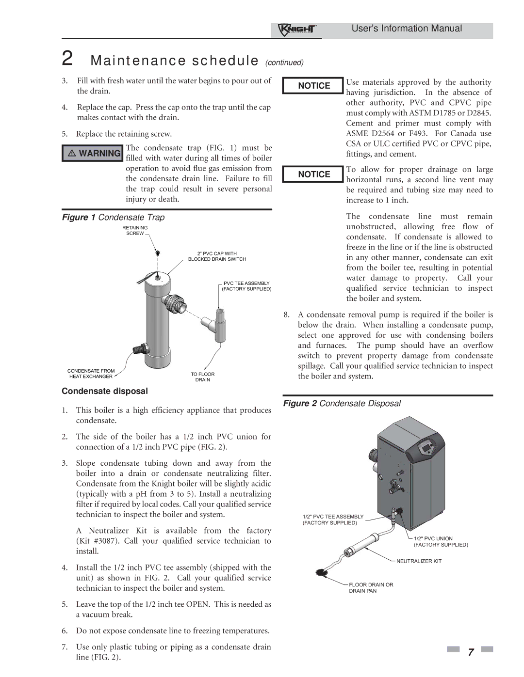 Lochinvar 81 - 286 manual Condensate Trap, Condensate disposal 