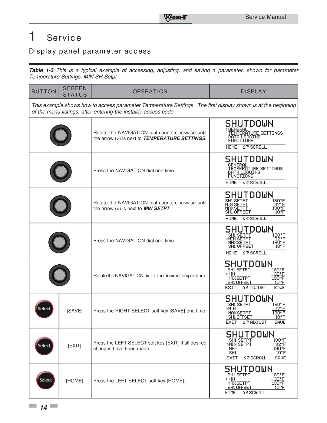 Lochinvar 81-286 service manual Display panel parameter access, Button Screen Status Operation Display 