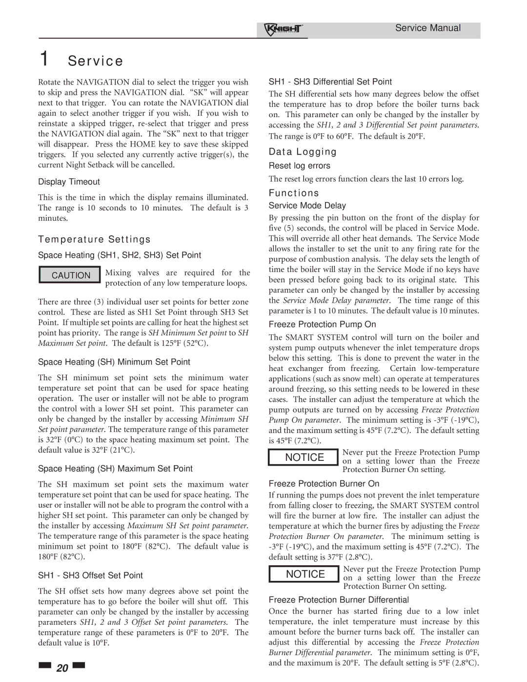 Lochinvar 81-286 service manual Temperature Settings, Data Logging, Functions 