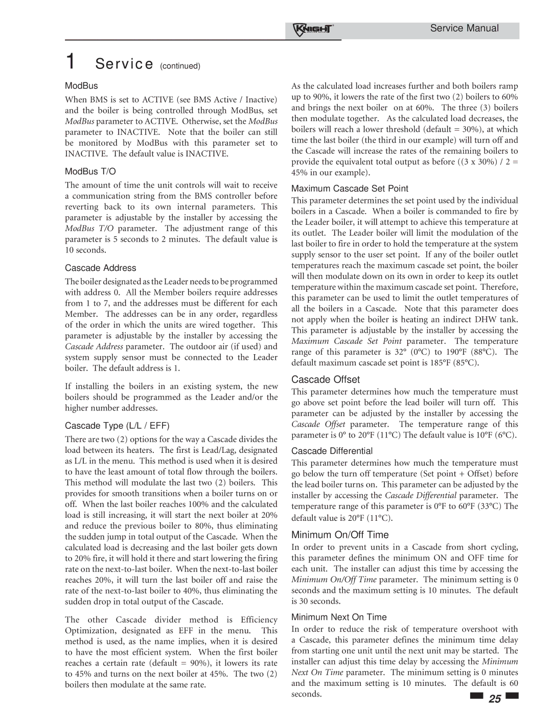 Lochinvar 81-286 service manual Cascade Offset, Minimum On/Off Time 