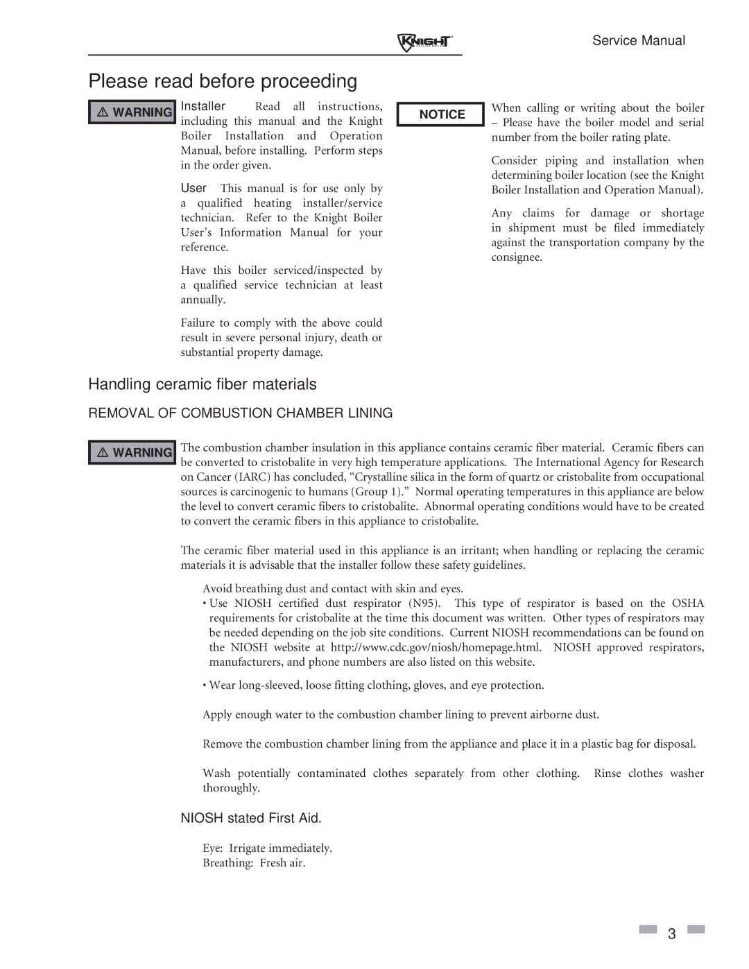 Lochinvar 81-286 service manual Please read before proceeding, Handling ceramic fiber materials, Niosh stated First Aid 