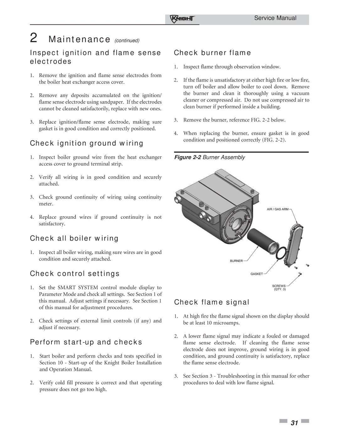 Lochinvar 81-286 Inspect ignition and flame sense electrodes, Check ignition ground wiring, Check all boiler wiring 