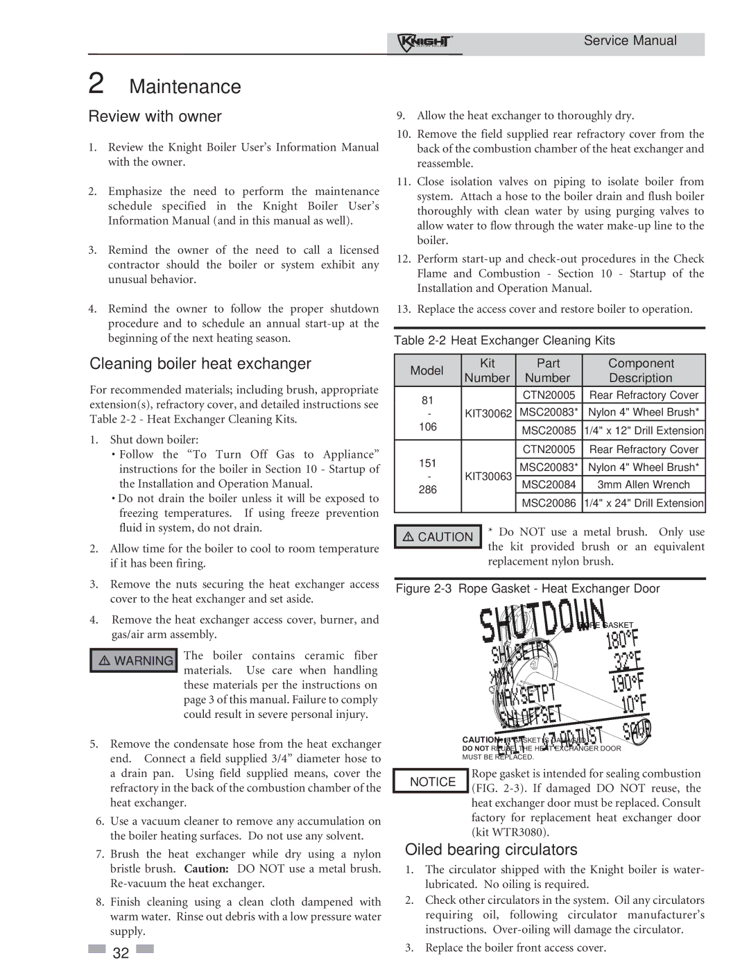 Lochinvar 81-286 service manual Review with owner, Cleaning boiler heat exchanger, Oiled bearing circulators 