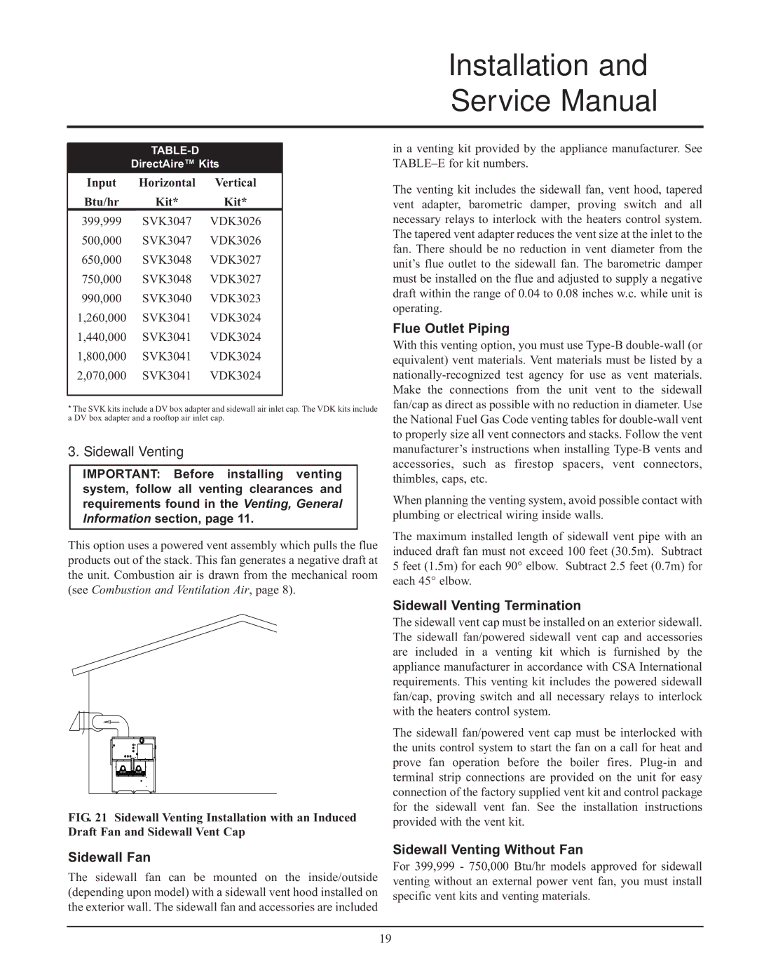 Lochinvar CF-CH(E)-i&s-08, 999 - 750, 399 Sidewall Fan, Sidewall Venting Termination, Sidewall Venting Without Fan 