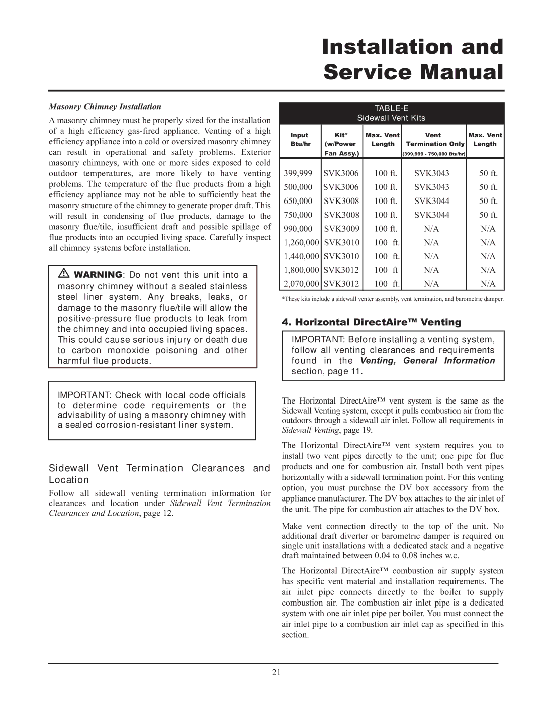 Lochinvar 999 - 750, CF-CH(E)-i&s-08, 399 service manual Horizontal DirectAire Venting, Masonry Chimney Installation 