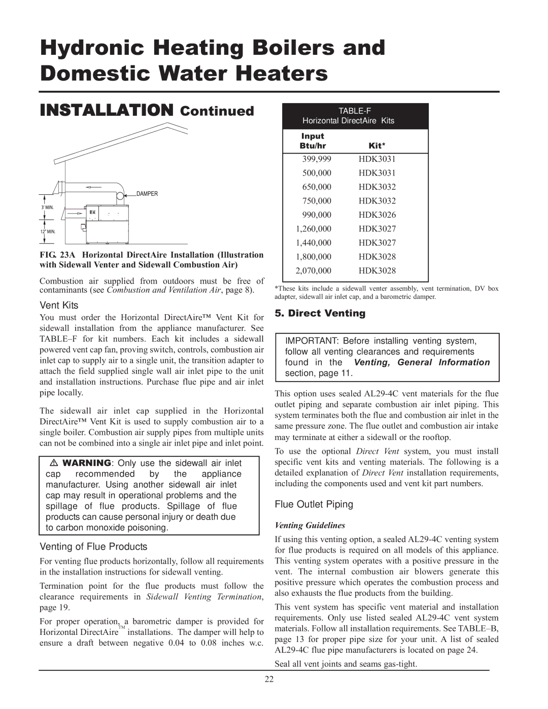 Lochinvar CF-CH(E)-i&s-08, 999 - 750, 399 service manual Vent Kits, Direct Venting 