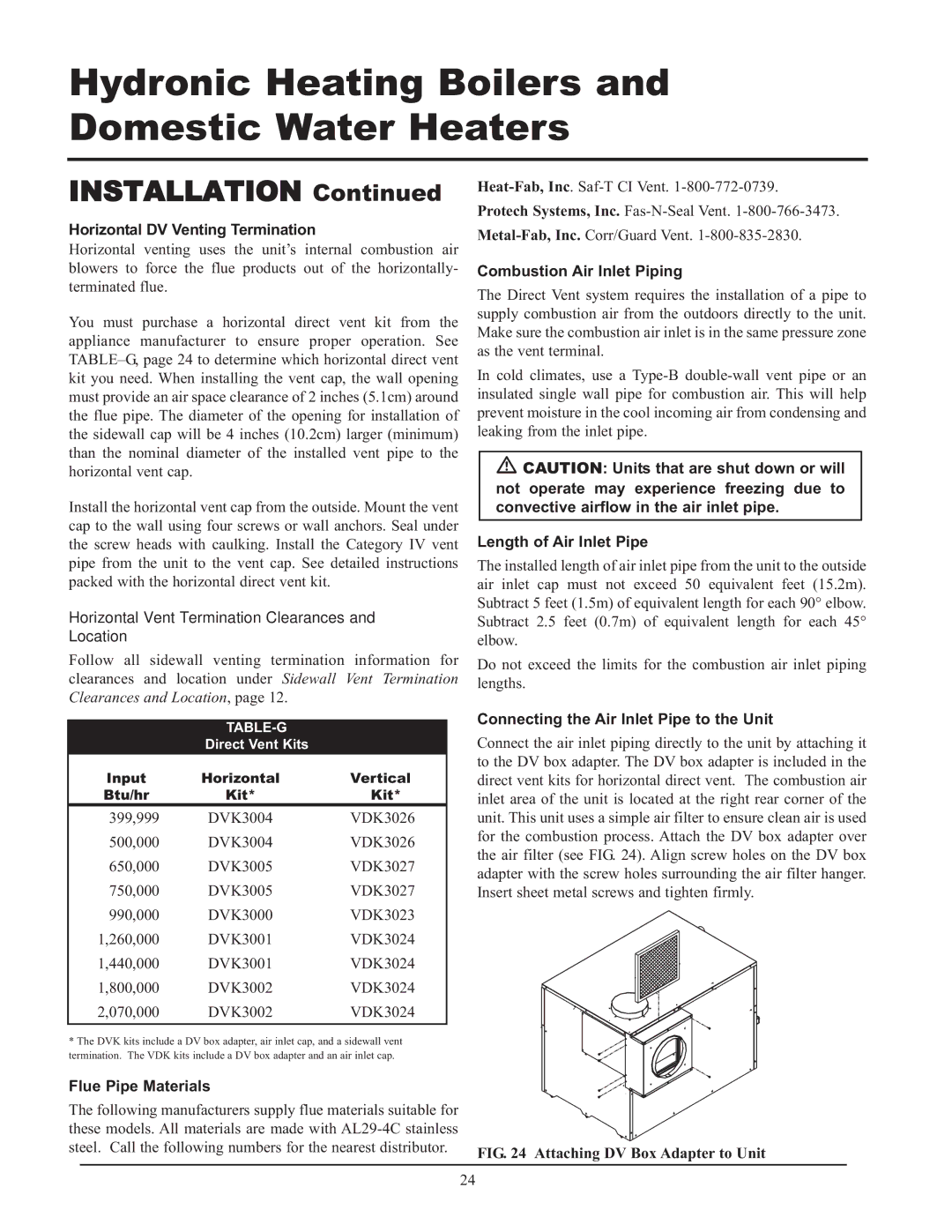 Lochinvar 999 - 750, CF-CH(E)-i&s-08 Horizontal DV Venting Termination, Flue Pipe Materials, Combustion Air Inlet Piping 