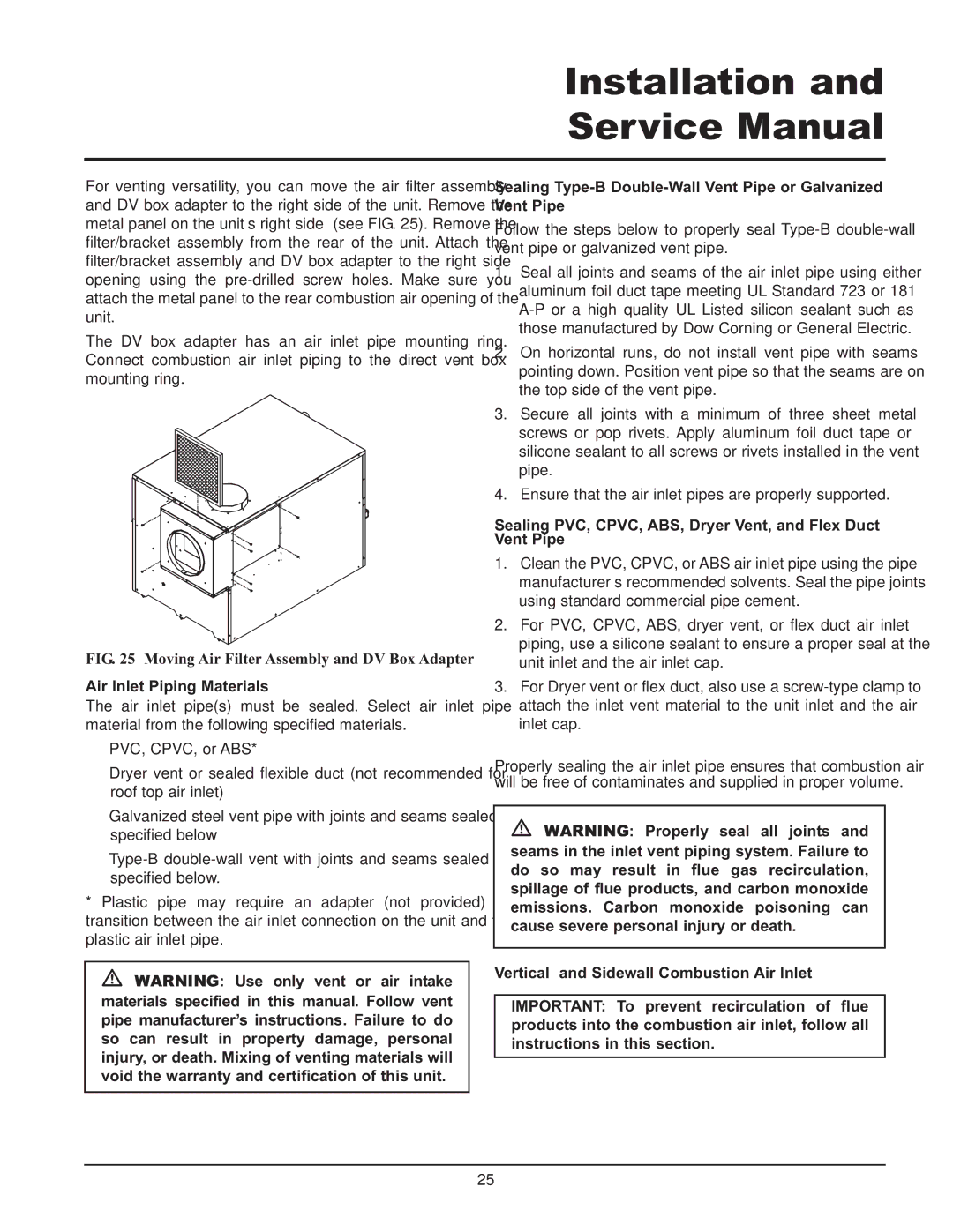 Lochinvar CF-CH(E)-i&s-08, 399 Air Inlet Piping Materials, Sealing PVC, CPVC, ABS, Dryer Vent, and Flex Duct Vent Pipe 