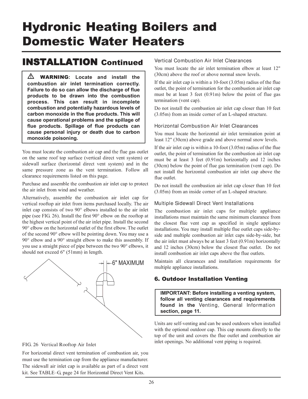 Lochinvar 399, 999 - 750, CF-CH(E)-i&s-08 service manual Maximum, Outdoor Installation Venting 