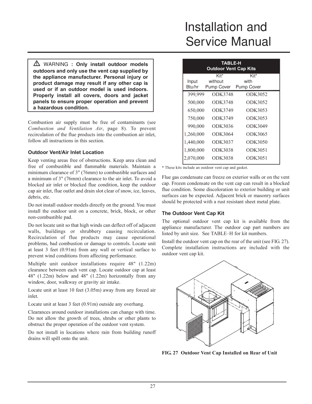 Lochinvar 999 - 750, CF-CH(E)-i&s-08, 399 service manual Outdoor Vent/Air Inlet Location, Outdoor Vent Cap Kit 