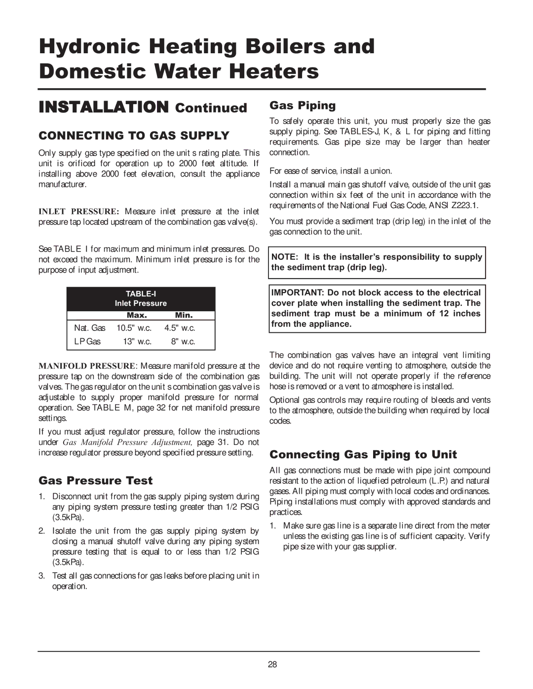 Lochinvar CF-CH(E)-i&s-08, 999 - 750, 399 Connecting to GAS Supply, Gas Pressure Test, Connecting Gas Piping to Unit 