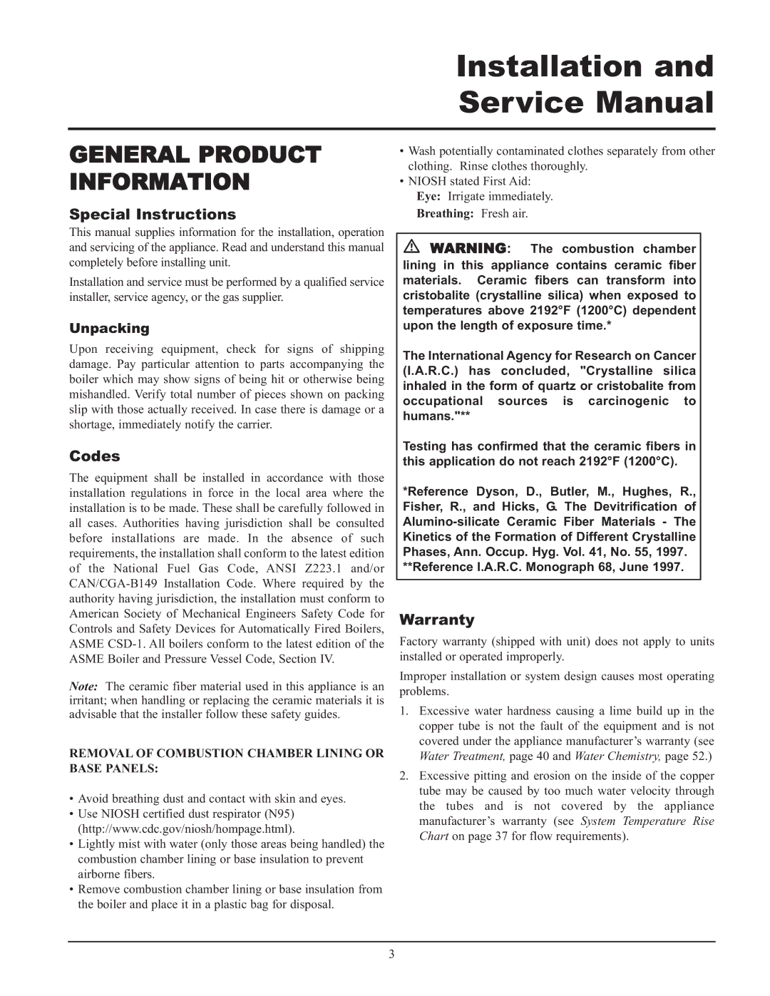 Lochinvar 999 - 750, CF-CH(E)-i&s-08, 399 service manual General Product Information, Unpacking 