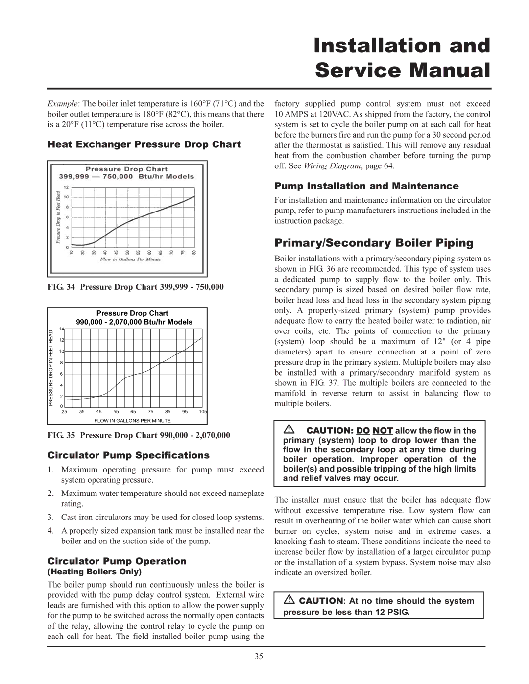 Lochinvar 399 Primary/Secondary Boiler Piping, Heat Exchanger Pressure Drop Chart, Circulator Pump Specifications 