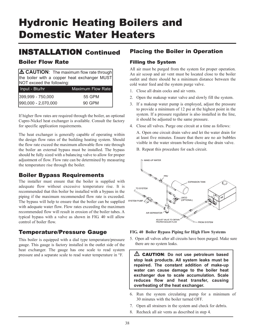 Lochinvar 399 Boiler Flow Rate, Placing the Boiler in Operation, Boiler Bypass Requirements, Temperature/Pressure Gauge 