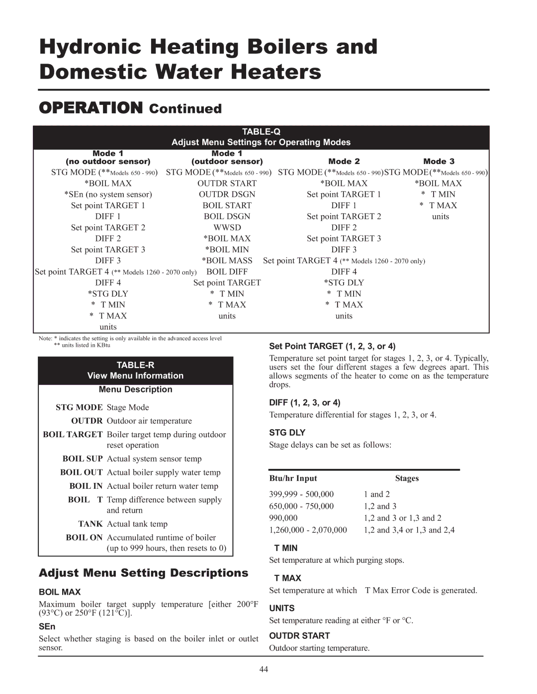 Lochinvar 399, 999 - 750 Adjust Menu Setting Descriptions, Table-Q, Adjust Menu Settings for Operating Modes, Table-R 