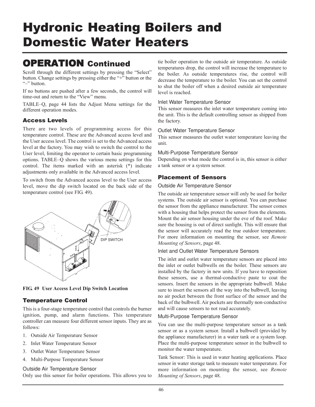 Lochinvar CF-CH(E)-i&s-08, 999 - 750, 399 service manual Access Levels, Temperature Control, Placement of Sensors 