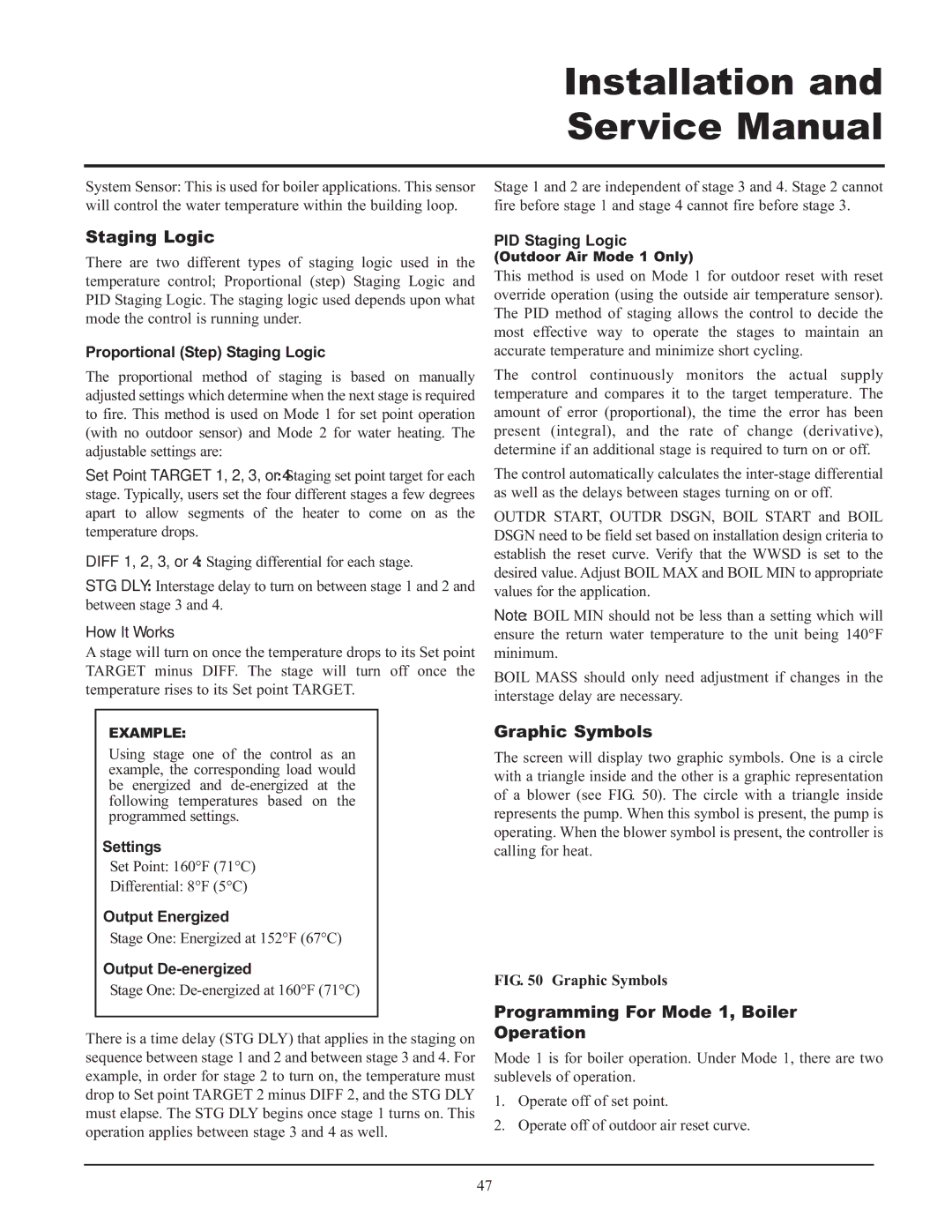 Lochinvar 399, 999 - 750, CF-CH(E)-i&s-08 Staging Logic, Graphic Symbols, Programming For Mode 1, Boiler Operation 