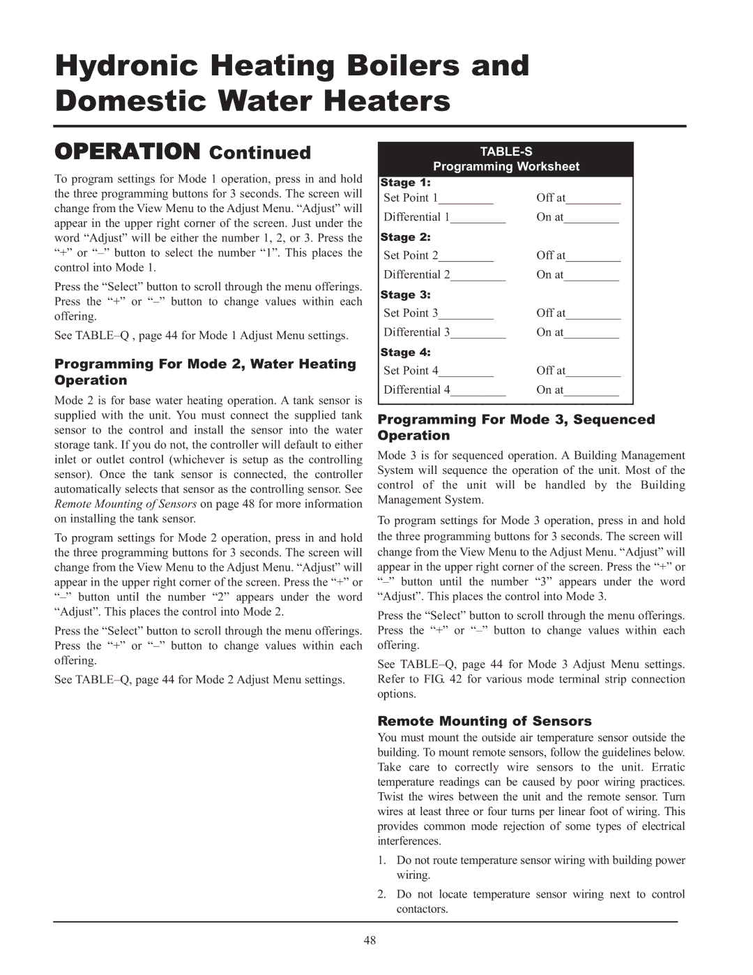 Lochinvar 999 - 750 Programming For Mode 2, Water Heating Operation, Programming For Mode 3, Sequenced Operation, Table-S 