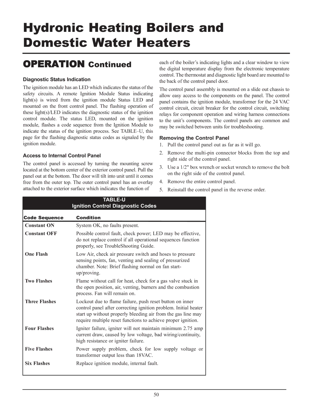 Lochinvar 399 Diagnostic Status Indication, Access to Internal Control Panel, Removing the Control Panel, Table-U 